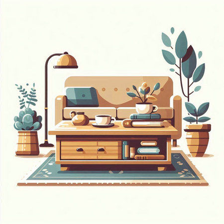 Vector illustration of cozy living room with sofa, coffee cup, books and potted plants.のイラスト素材