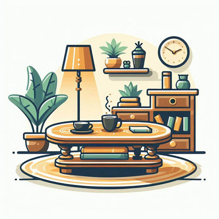 Living room interior with furniture and cup of coffee. Vector illustration.のイラスト素材