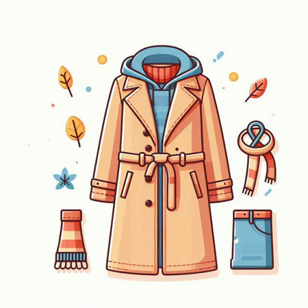 Autumn fashion set: coat, scarf, hat. Vector illustration.のイラスト素材