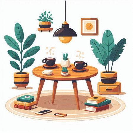 Cozy home interior with wooden table, coffee cup, books and potted plants. Vector illustrationのイラスト素材