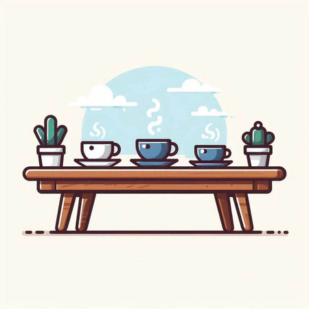 Wooden table with cups and saucers. Vector illustration.のイラスト素材