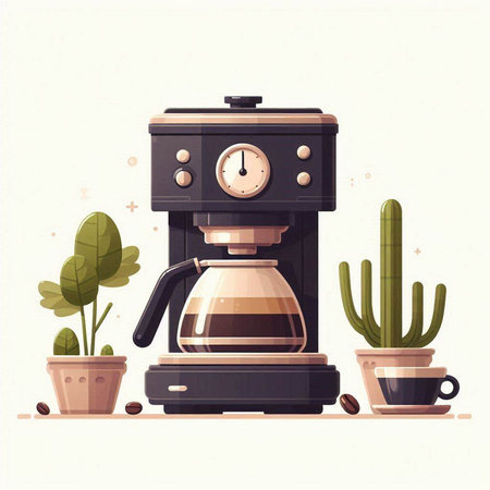 Coffee maker and cactus. Vector illustration in flat styleのイラスト素材