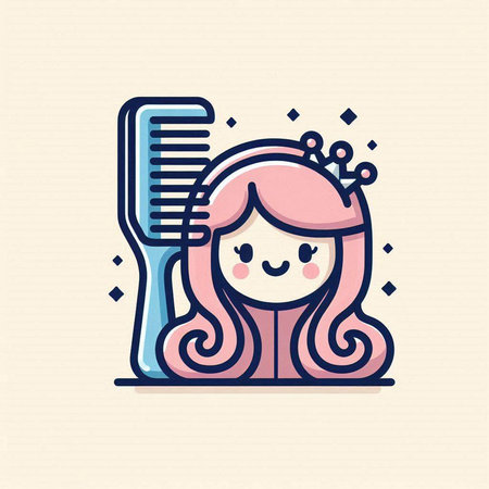 Cute girl with long hair and comb. Vector illustration in line style.のイラスト素材