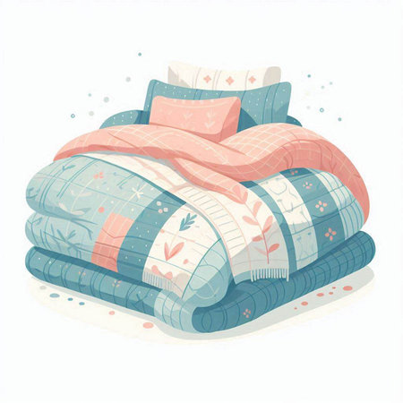 Hand drawn vector illustration of a bed with pillows and plaidsのイラスト素材