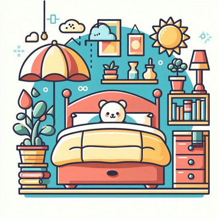 Vector illustration of a cozy bedroom with a bed, a pillow, a lamp, a cup of coffee, a teddy bear, a bookcase, a sun and a potted plantのイラスト素材