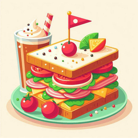 Sandwich with cream cheese, ham, tomato and cherry. Vector illustrationのイラスト素材