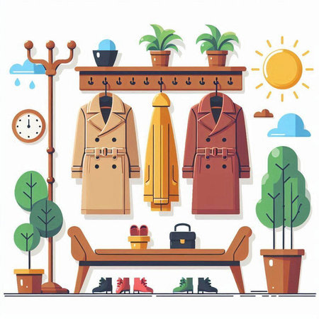 Set of winter clothes and accessories on hangers. Vector illustration.のイラスト素材