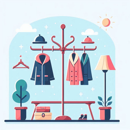 Vector illustration in trendy flat style. Clothes hanging on the rack.のイラスト素材