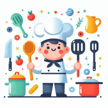 Chef boy with kitchen utensils. Vector illustration in cartoon styleのイラスト素材