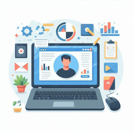 Laptop with user profile on screen. Flat design vector illustration.のイラスト素材
