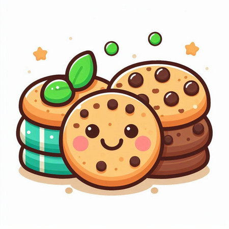 Cute cookies with chocolate and green leaves. Vector cartoon illustration.のイラスト素材