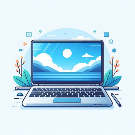 Laptop computer with cloud computing concept. Vector illustration in flat styleのイラスト素材
