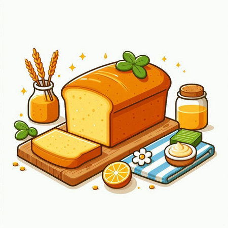 Illustration of a loaf of bread on a cutting board with ingredients for making itのイラスト素材