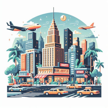 Cityscape with skyscrapers, buildings and traffic. Vector illustrationのイラスト素材