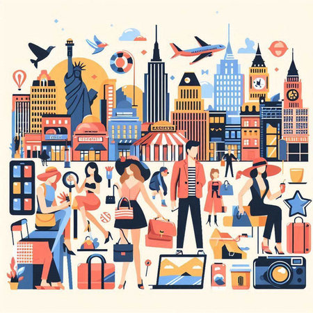 Vector illustration of modern city life with people. Flat style design.のイラスト素材