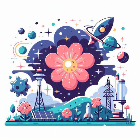Cosmos, rocket, solar panels and flowers. Vector illustration.のイラスト素材