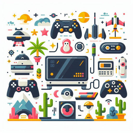 Videogame and video game elements flat design vector illustration.のイラスト素材