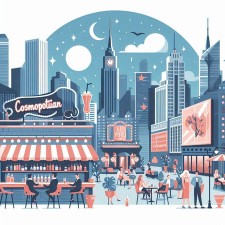 Cafe and restaurant in New York City. Vector illustration in flat styleのイラスト素材