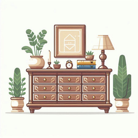 Vector illustration of an interior with wooden chest of drawers, lamp, books and plants.のイラスト素材