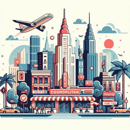 Cityscape with famous buildings, skyscrapers and plane. Vector illustration.のイラスト素材