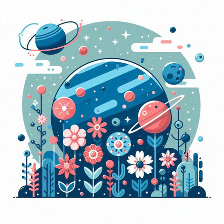 Cosmic planets, stars and flowers. Vector illustration in flat style.のイラスト素材