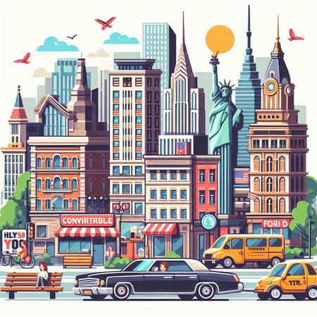 New York city street with people and cars. Vector illustration in flat styleのイラスト素材