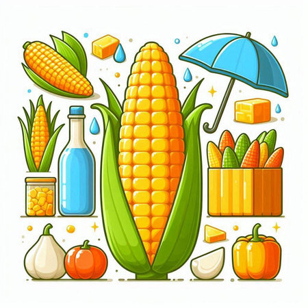 Illustration of corn and other farm products on white background - vectorのイラスト素材