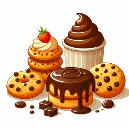 Illustration of a set of chocolate cookies and cupcakes on a white backgroundのイラスト素材