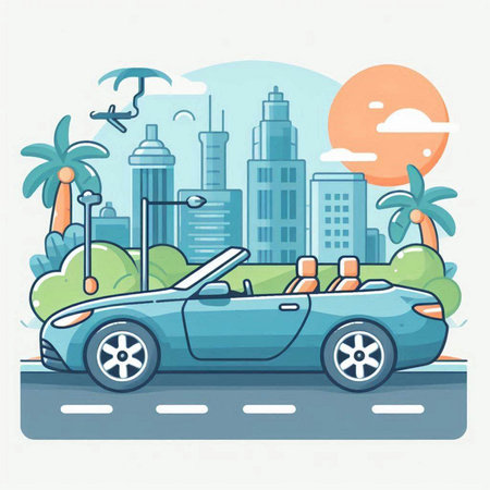 Car on the road. Vector illustration in flat style. Cityscape.のイラスト素材