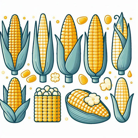 Set of corn icons in cartoon style. Vector illustration isolated on white background.のイラスト素材