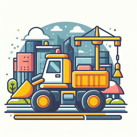Vector illustration of heavy construction machinery on the background of the city.のイラスト素材
