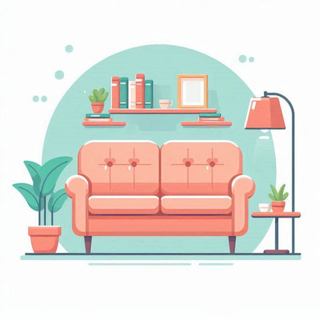 Living room interior with sofa, bookshelf and plants. Vector illustration in flat styleのイラスト素材