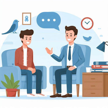 Businessman sitting in armchair and talking with coworker. Vector illustration in cartoon styleのイラスト素材