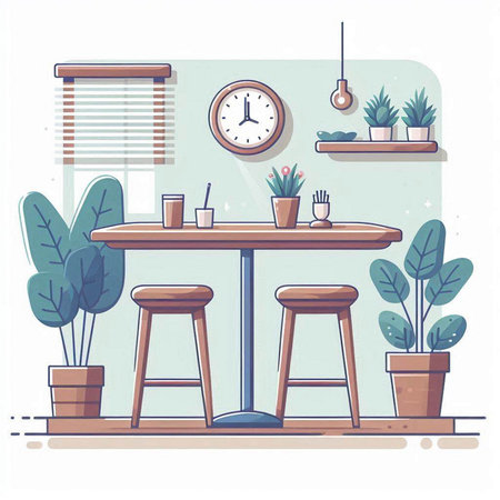 Vector illustration in flat style. Interior of a cafe with a table and chairs.のイラスト素材