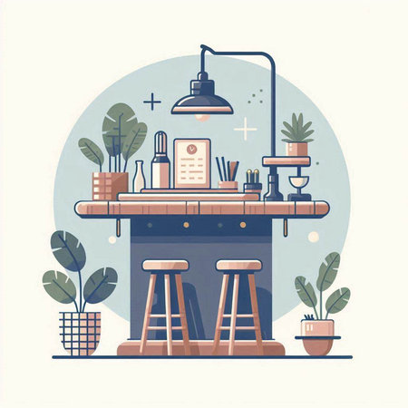 Cafe interior with bar counter, table, chairs and plants. Flat style vector illustration.のイラスト素材