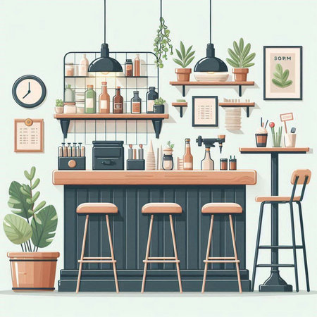 Bar counter with barista equipment. Vector illustration in flat style.のイラスト素材