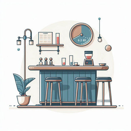 Bar counter in flat style. Bar interior design. Modern bar vector illustration.のイラスト素材