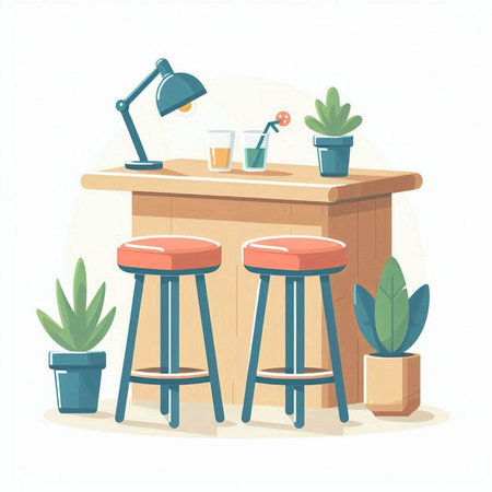 Vector illustration of a bar counter with chairs, table lamp and plants.のイラスト素材