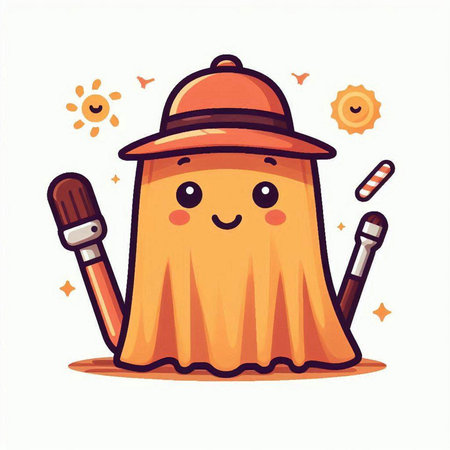 Cute cartoon Halloween ghost with hat and paint brushes. Vector illustrationのイラスト素材