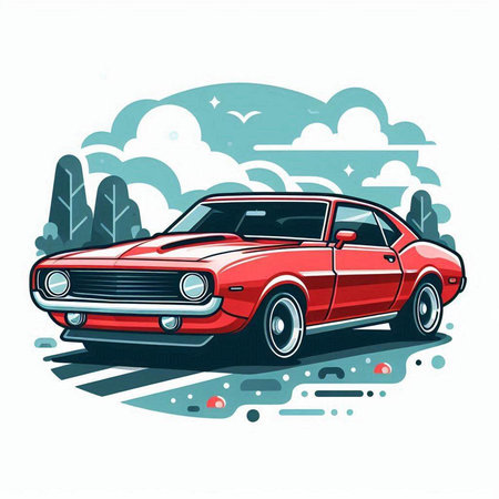 Retro car vector illustration. Retro car on the background of nature.のイラスト素材