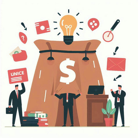 Conceptual illustration of business people and big bag of money.のイラスト素材