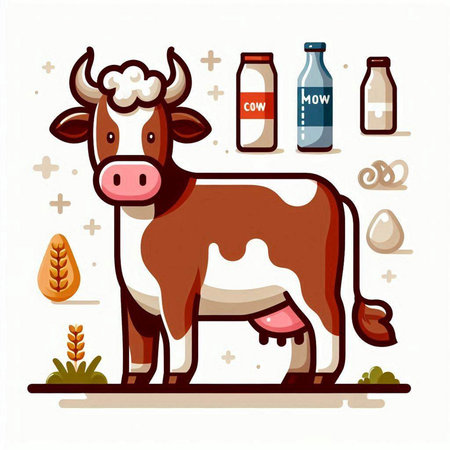 Cute cow and dairy products. Vector illustration in flat style.のイラスト素材