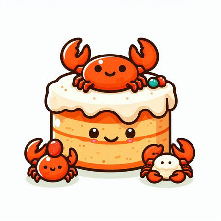 Cute cartoon character of cream cake with crab. Vector illustration.のイラスト素材