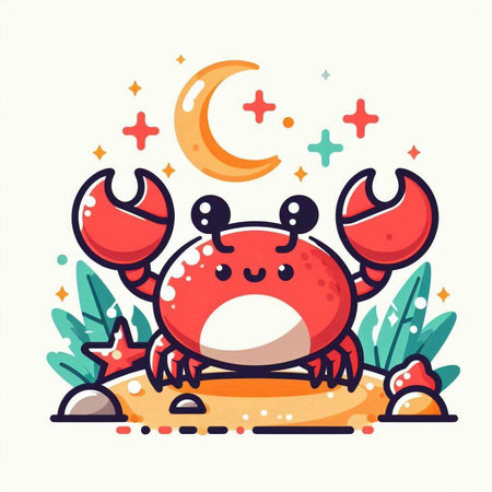 Cute cartoon crab character with moon and stars. Vector illustration.のイラスト素材
