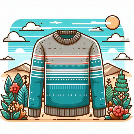 Winter sweater on the background of the mountains and the sun. Vector illustrationのイラスト素材