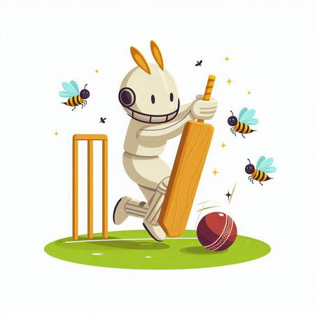 Cricket vector illustration. Cute cartoon animal playing cricket.のイラスト素材