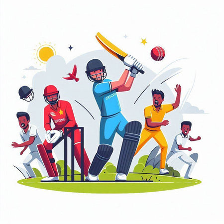Cricket players in action. Cute cartoon vector illustration.のイラスト素材