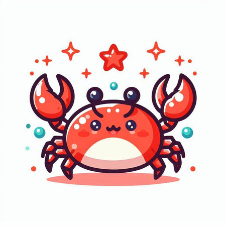 Cute cartoon crab character with starfish on white background. Vector illustration.のイラスト素材