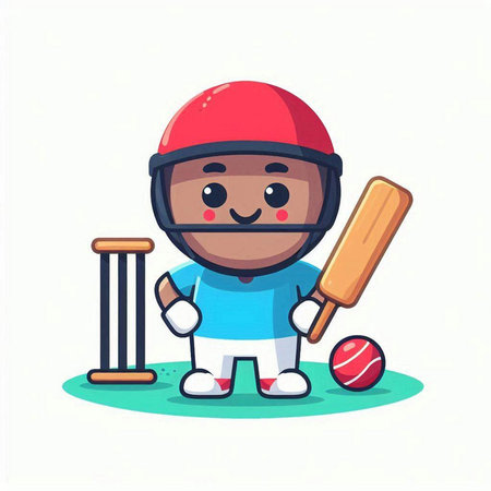 Cute cartoon cricket player with bat and ball. Vector illustration.のイラスト素材