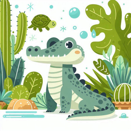 Cute crocodile in the garden. Vector illustration in flat styleのイラスト素材